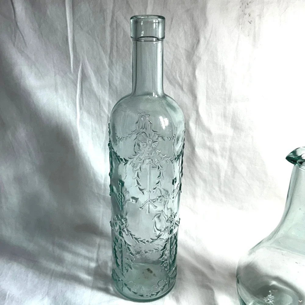 Recycled Glass Bottle Set AquaGreen Excellent Embossed Farmhouse Rustic Cottage